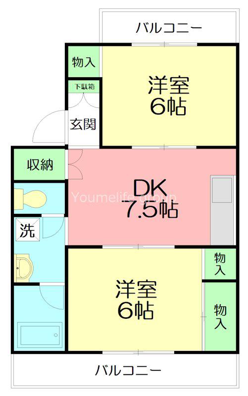 大六天マンション(2DK/2階)の間取り写真
