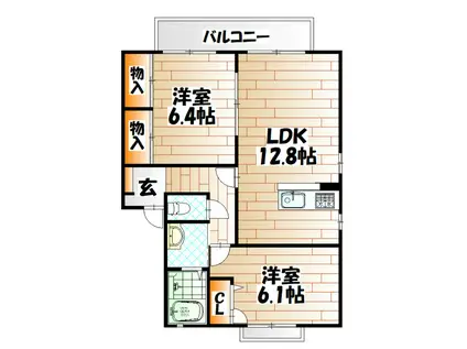 ユニゾン上富野 B棟(2LDK/2階)の間取り写真