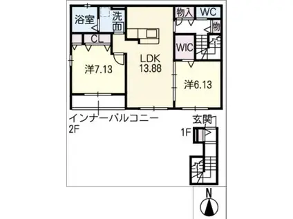 フォンテーヌB(2LDK/2階)の間取り写真