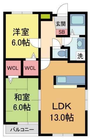 ソレアード甲東園(2LDK/3階)の間取り写真