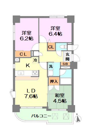 コリーヌ・アンソレイエ(3LDK/2階)の間取り写真