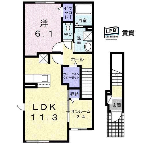 カーサ・ユヴェール B(1LDK/2階)の間取り写真