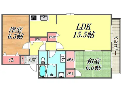 フローラいのそ B棟(2LDK/1階)の間取り写真