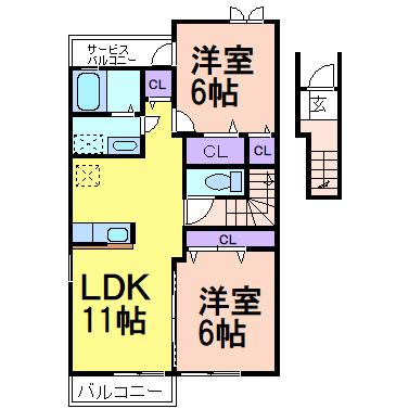 カーサ・アルドーレB(2LDK/2階)の間取り写真