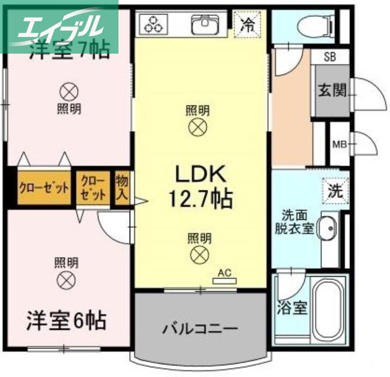 SHALLOWGARDENB棟(2LDK/2階)の間取り写真