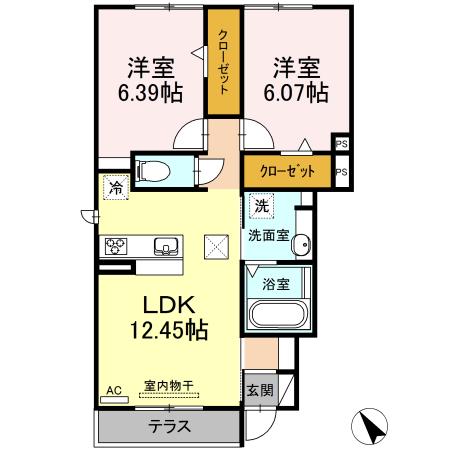 クレストヒルズ D棟(2LDK/1階)の間取り写真
