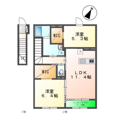 シェルルおおたかの森(2LDK/2階)の間取り写真
