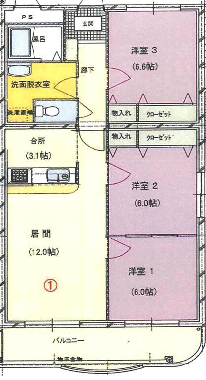 ブライム北斎院301号(3LDK/3階)の間取り写真