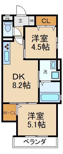 クリエオーレ北中振(2DK/2階)の間取り写真
