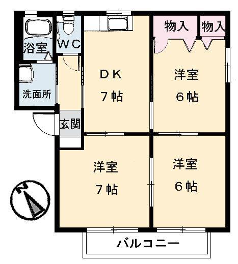 グリーンベル海岸通 B棟(3DK/2階)の間取り写真