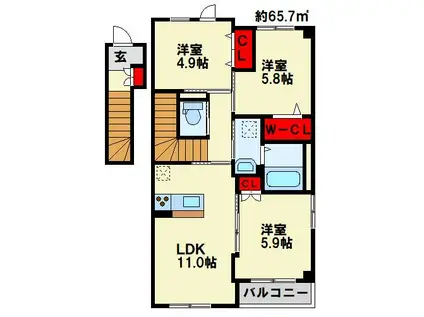 南区中吉田3丁目アパート(3LDK/2階)の間取り写真