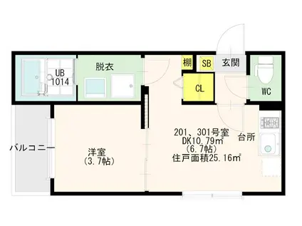 アルカンジュ吉塚本町(1DK/2階)の間取り写真