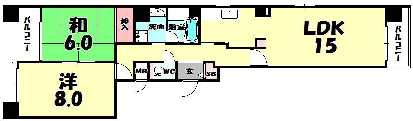 サングリーン竜造寺(2LDK/5階)の間取り写真