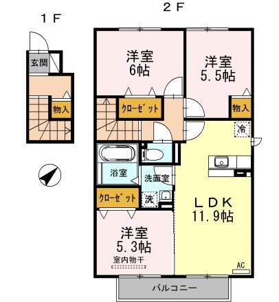ルミエール B棟(3LDK/2階)の間取り写真