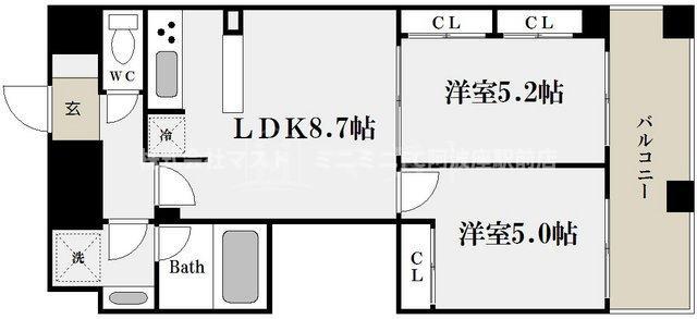 レジディア心斎橋ウエスト(2LDK/11階)の間取り写真