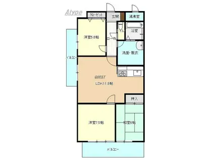 グランドール沖野上(3LDK/3階)の間取り写真