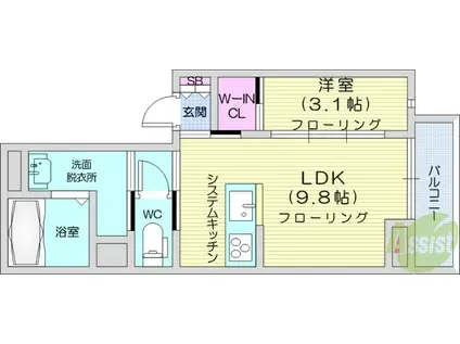 ＪＲ仙石線 榴ケ岡駅 徒歩7分 4階建 築1年(1LDK/3階)の間取り写真
