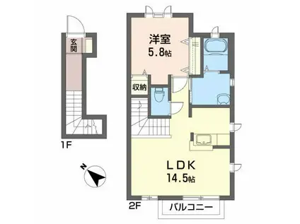 ソレアード・シェソワF(1LDK/2階)の間取り写真