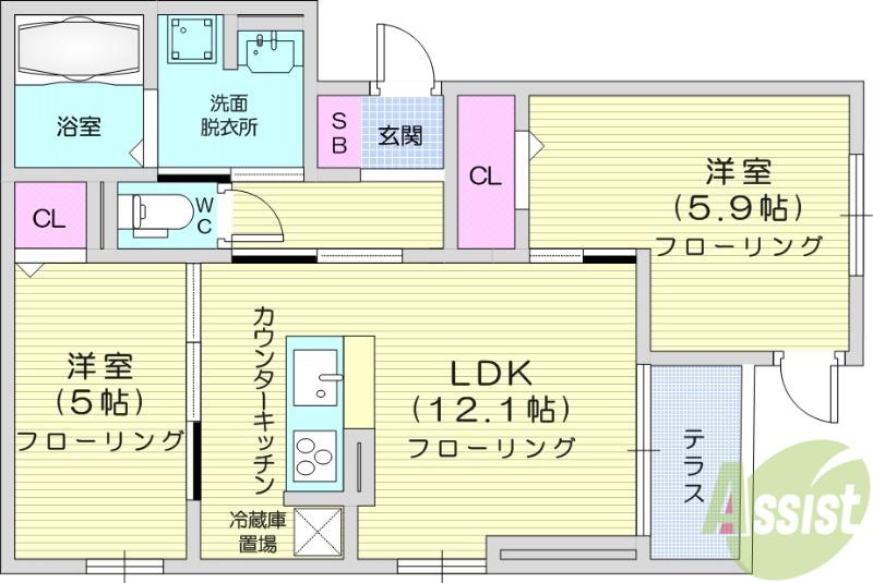 セレスティア大和町(2LDK/3階)の間取り写真