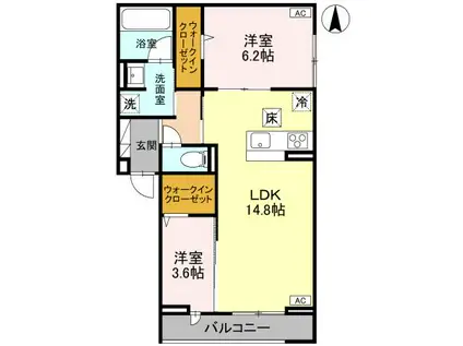 D-ROOM ディーカストル B棟102(2LDK/1階)の間取り写真