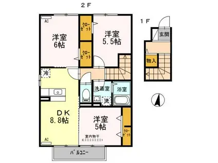 ボナール B棟(3DK/2階)の間取り写真