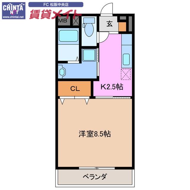 近鉄山田線 松阪駅 徒歩19分 3階建 築9年(1K/2階)の間取り写真
