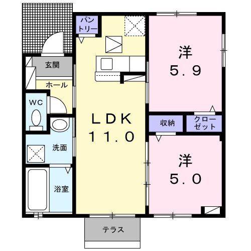 ブリリアントガーデンアゼリアD(2LDK/1階)の間取り写真