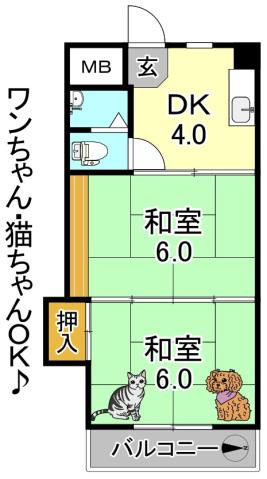 ウエストヒルズ平野(2DK/2階)の間取り写真