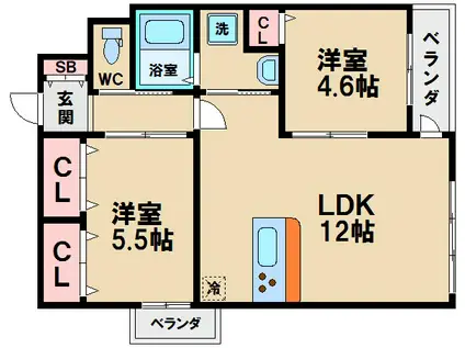 ユニヴァリィグラスコート長居公園(2LDK/4階)の間取り写真