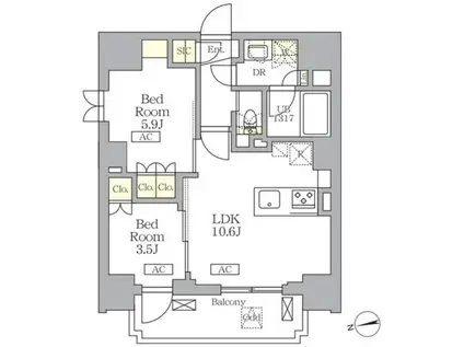 ザ・ライオンズフォーシア文京湯島(2LDK/11階)の間取り写真