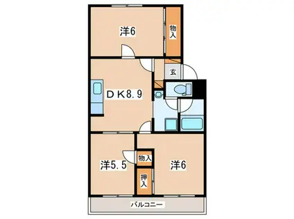 フォンテーヌ栢山(3DK/3階)の間取り写真
