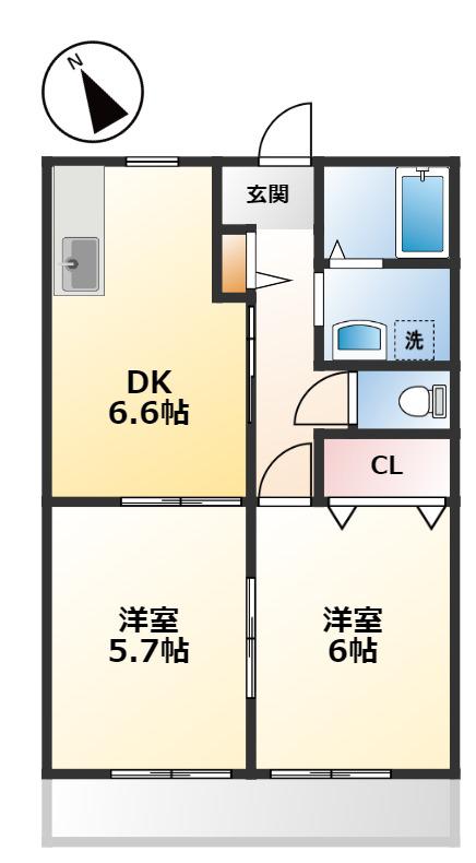 ワンズコートII(2DK/1階)の間取り写真