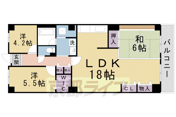 コトーハイツ伏見稲荷C棟(3LDK/5階)の間取り写真
