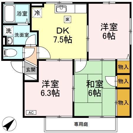 ウィルモアA棟(3DK/1階)の間取り写真