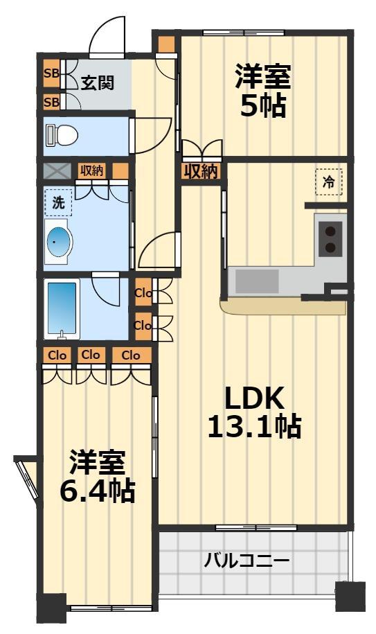 パークキューブ京王八王子Ⅱ(2LDK/5階)の間取り写真