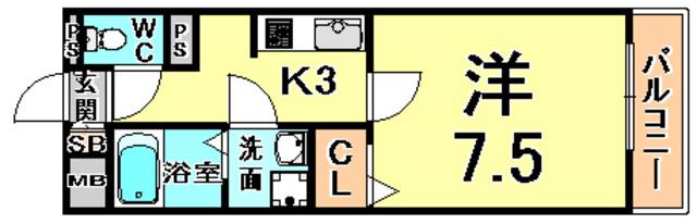 グラント塚口(1K/3階)の間取り写真