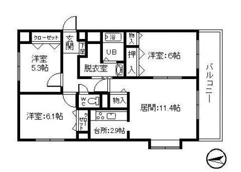 宝来中央ハイツ(3LDK/1階)の間取り写真