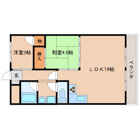 シャトー天理(2LDK/3階)の間取り写真