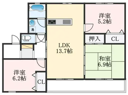 南海高師浜線 伽羅橋駅 徒歩8分 3階建 築31年(3LDK/3階)の間取り写真