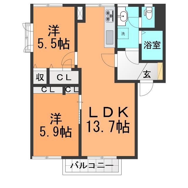ベルメゾンさしで A棟(2LDK/1階)の間取り写真