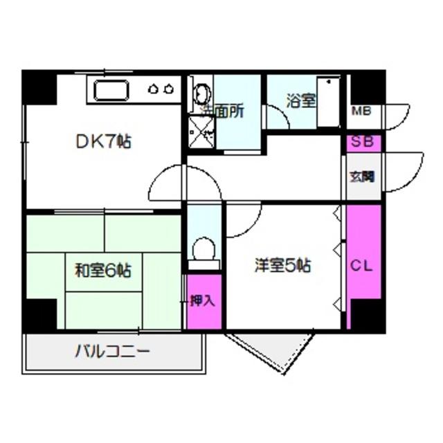 サニーパレス山口(2DK/6階)の間取り写真