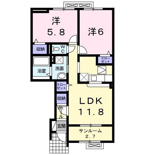 カンパーヌI(2LDK/1階)の間取り写真