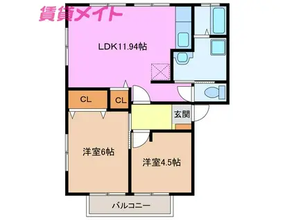 ロジュマンYURI A(2LDK/2階)の間取り写真