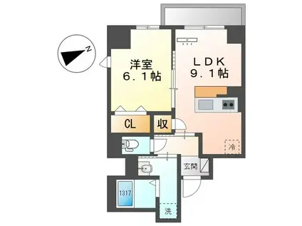 THE BLOSSOM 新栄(1LDK/2階)の間取り写真