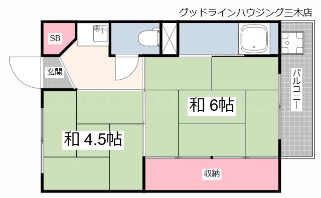 ビレッジハウス朝日ヶ丘2号棟(2K/2階)の間取り写真