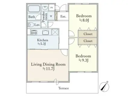 ドゥムール西片(2LDK/1階)の間取り写真