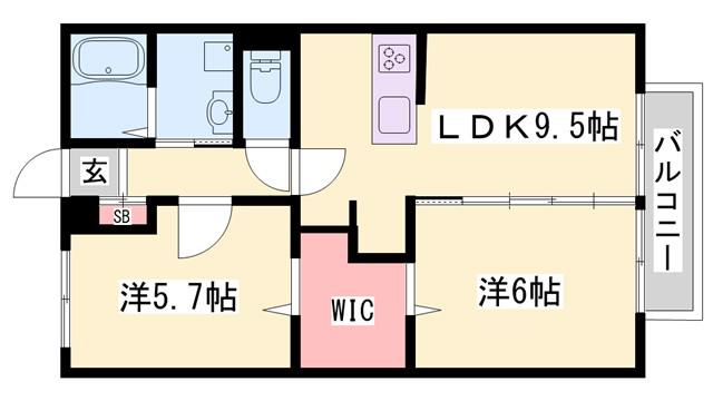 サンガーデン B棟(2LDK/2階)の間取り写真