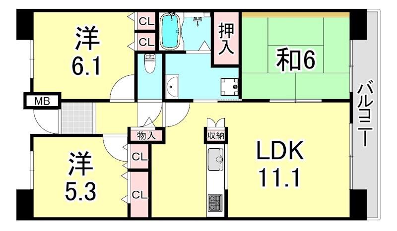 URサンラフレ鳴尾北12号棟(3LDK/4階)の間取り写真