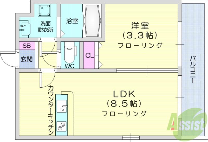 南鍛冶町AP A棟(1LDK/2階)の間取り写真