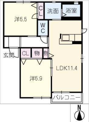 ラ・ヴィラージュ D(2LDK/2階)の間取り写真